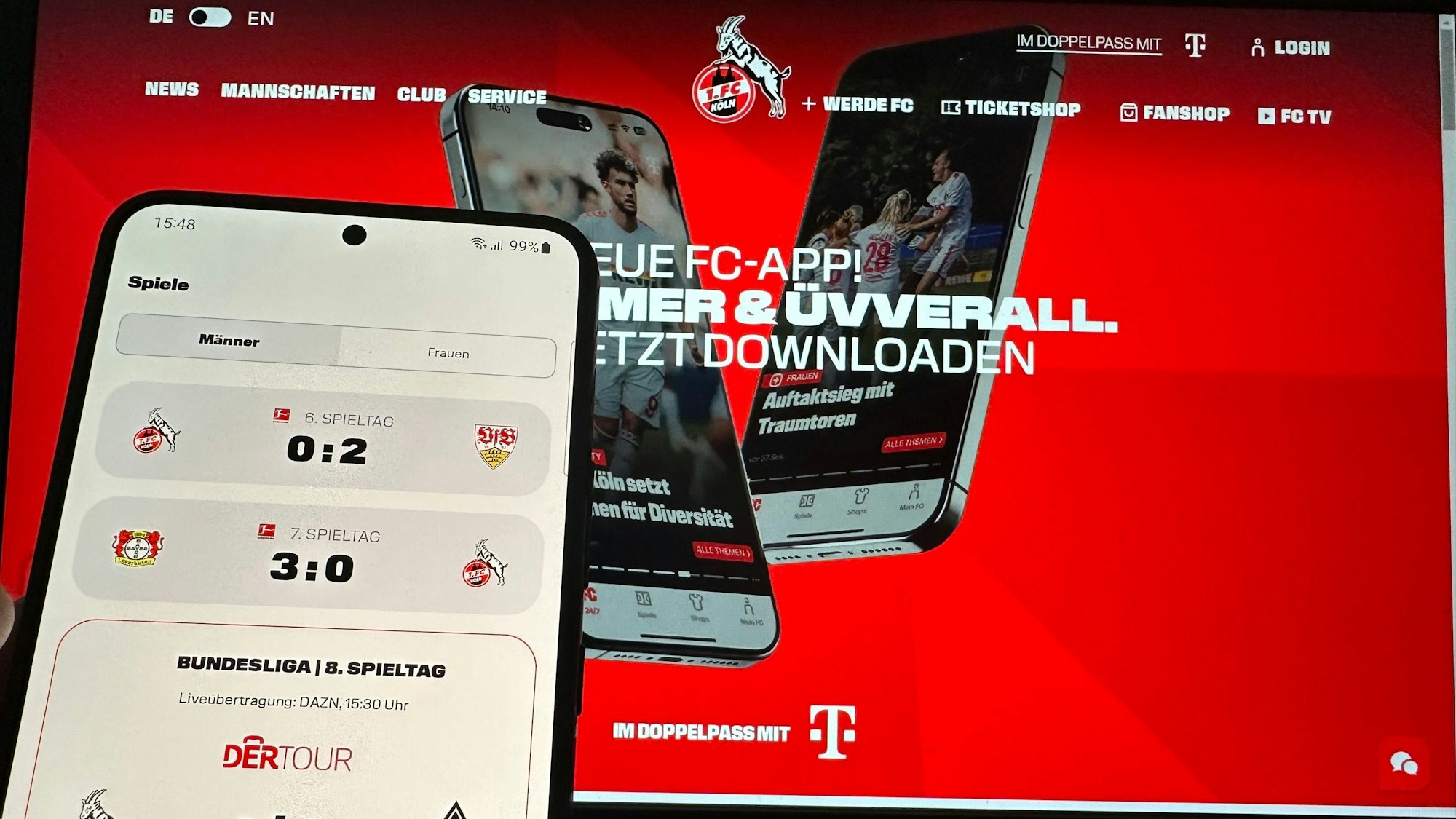 Ein Foto mit der App und der Homepage des 1. FC Köln.
