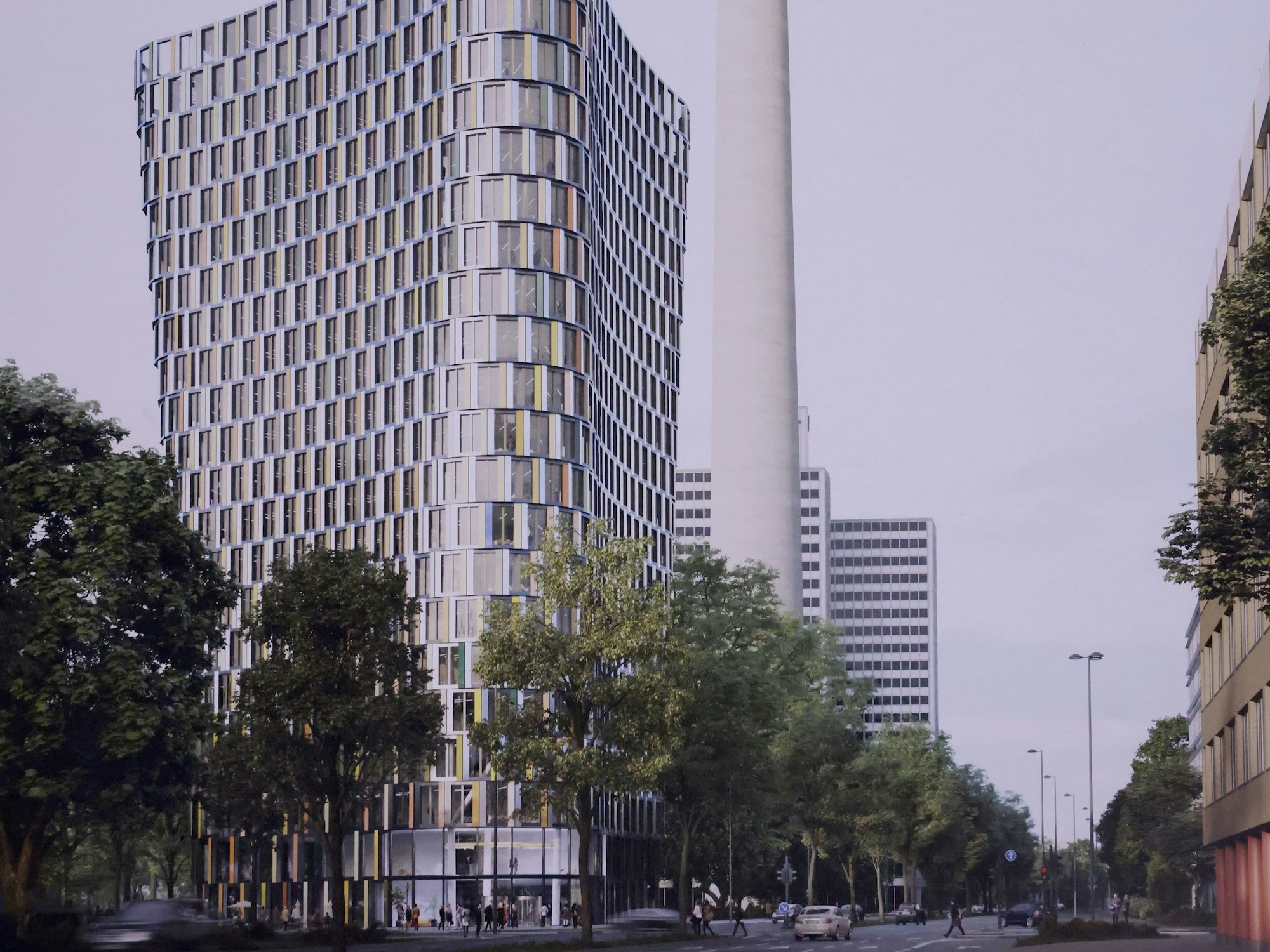 Der Siegerentwurf des Architekturbüros Sauerbruch Hutton. Im Hintergrund der Colonius.