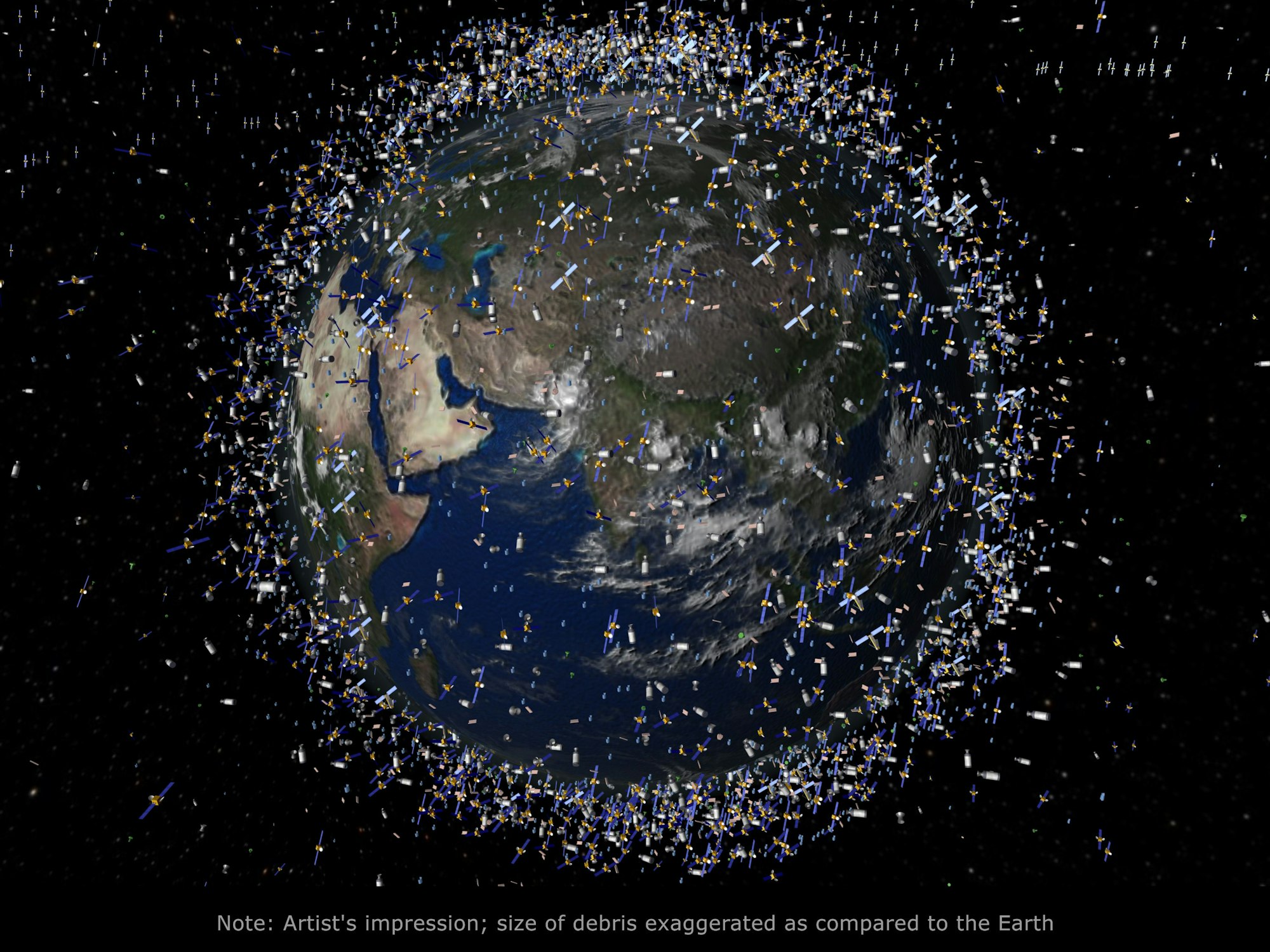 Die Zeichnung zeigt Weltraumschrott in der Erdumlaufbahn im sogenannten Low Earth Orbit (LEO), der bis 2000 Kilometer über der Erdoberfläche reicht (Blick über die Äquatorregion).