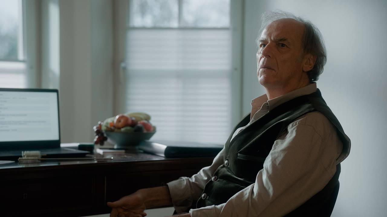 Das Foto stammt aus dem MĂŒnchner âTatortâ mit dem Titel âKöniginnenâ. Es zeigt Schauspieler Wolfgang Fierek in der Rolle des Unternehmers Josef Gehrling, der auf einem Stuhl sitzt.