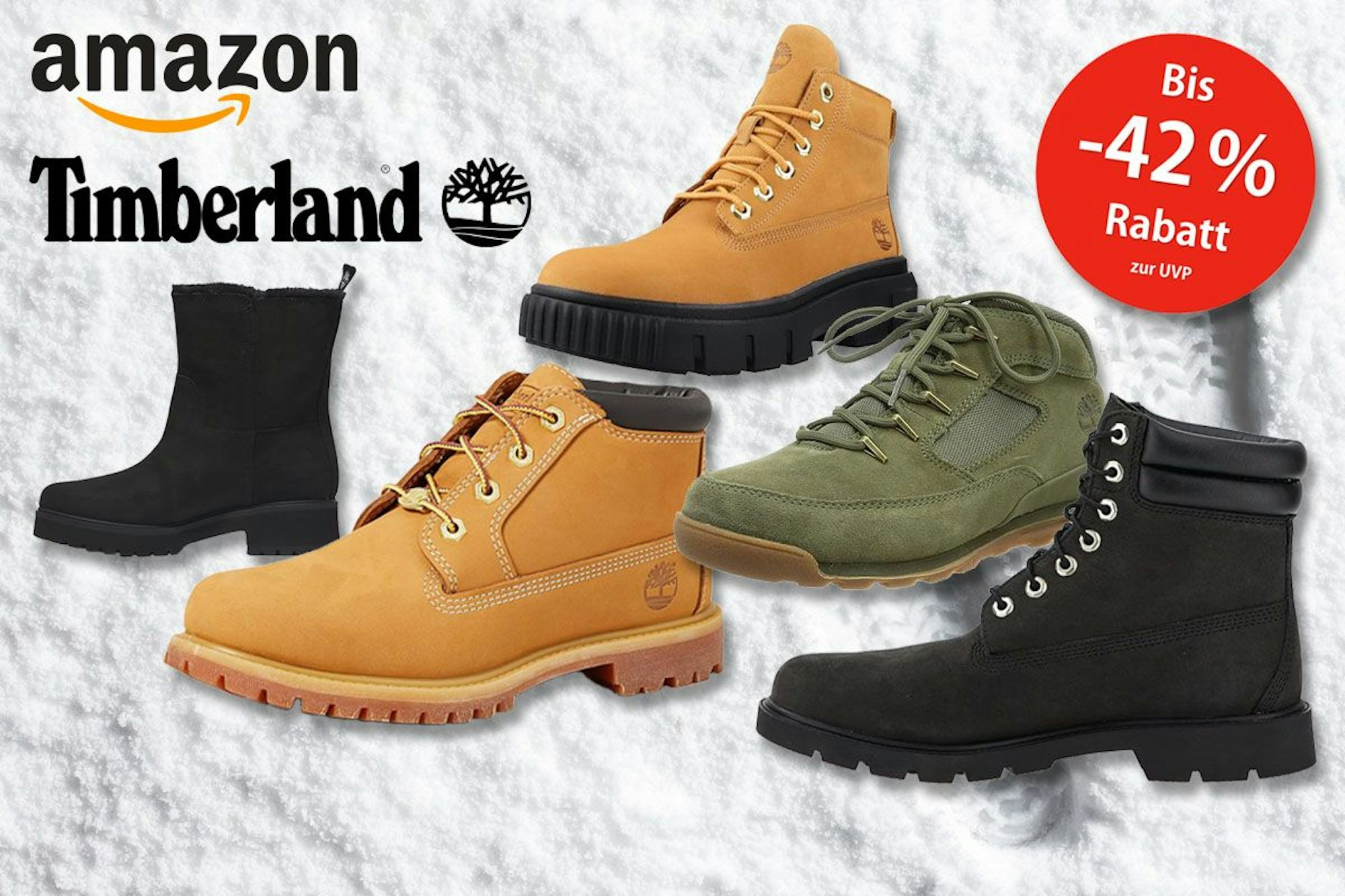Timberland Boots Winterstiefel für Damen und Herren in mehreren Modellen vor einem Schneehintergrund mit Timberland und Amazon Logo.