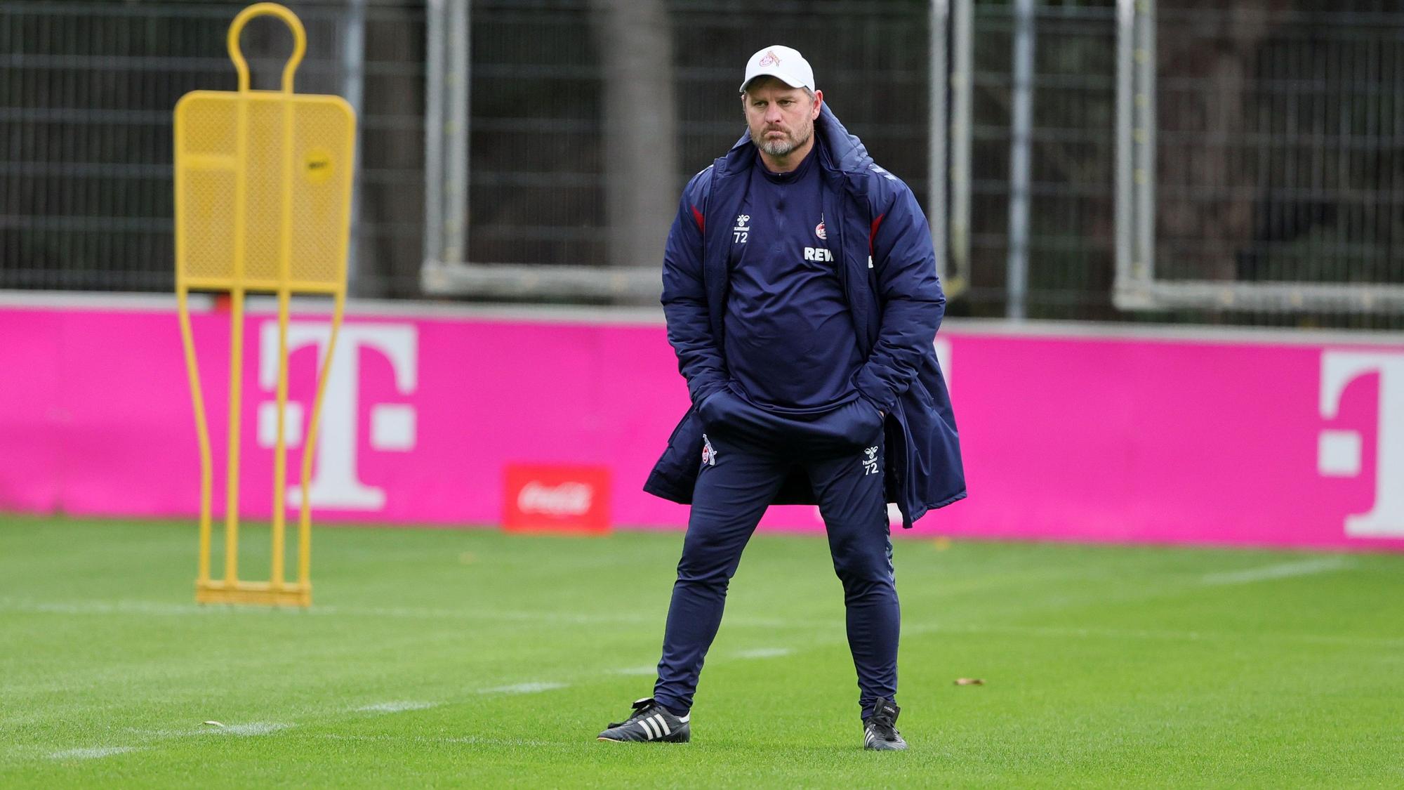 Steffen Baumgart steht mit Händen in den Hosentaschen auf dem Rasen am Geißbockheim.
