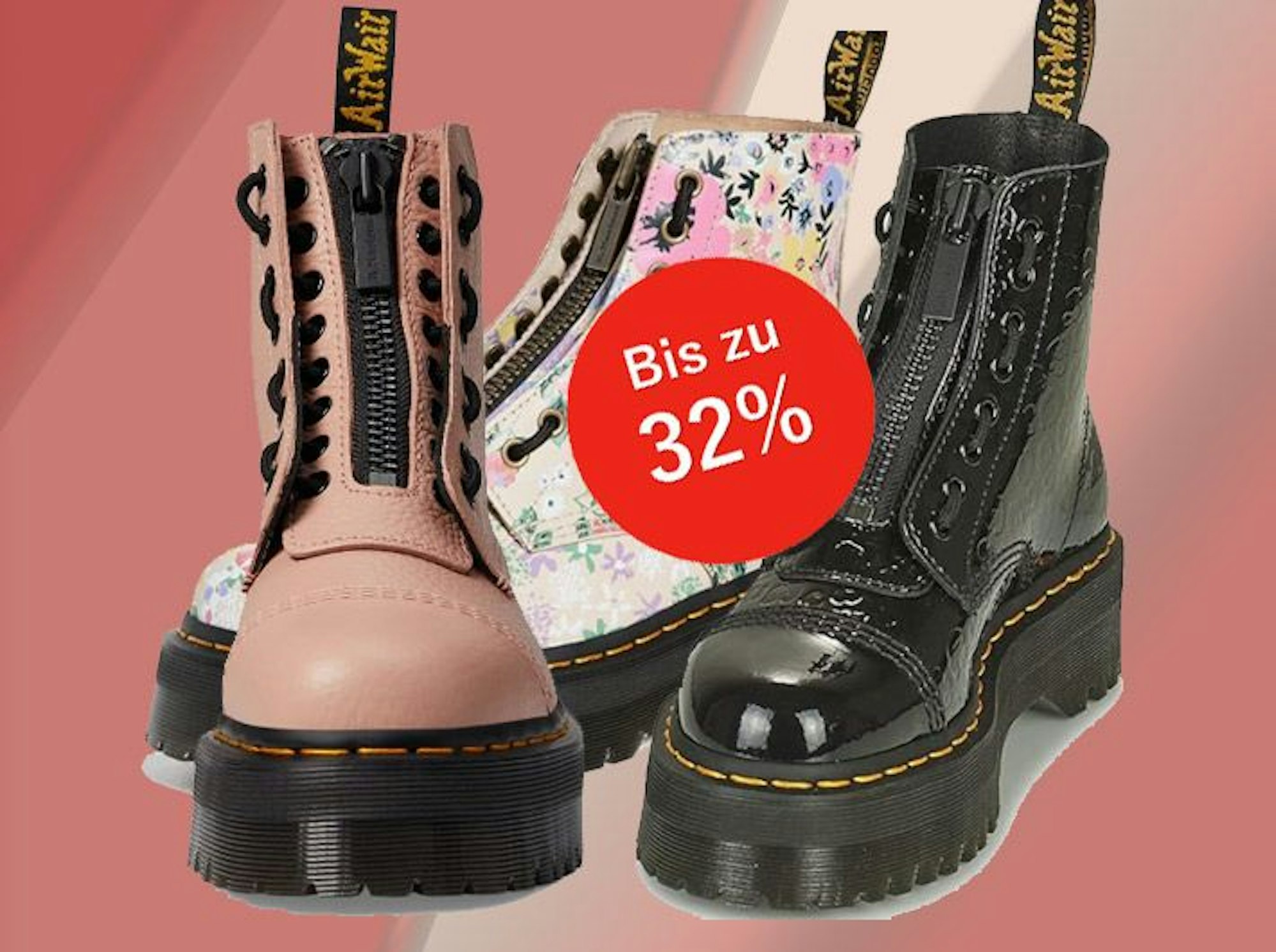 Auf dem Bild sind drei unterschiedliche Farben des Dr. Martens Sinclair Models zu sehen