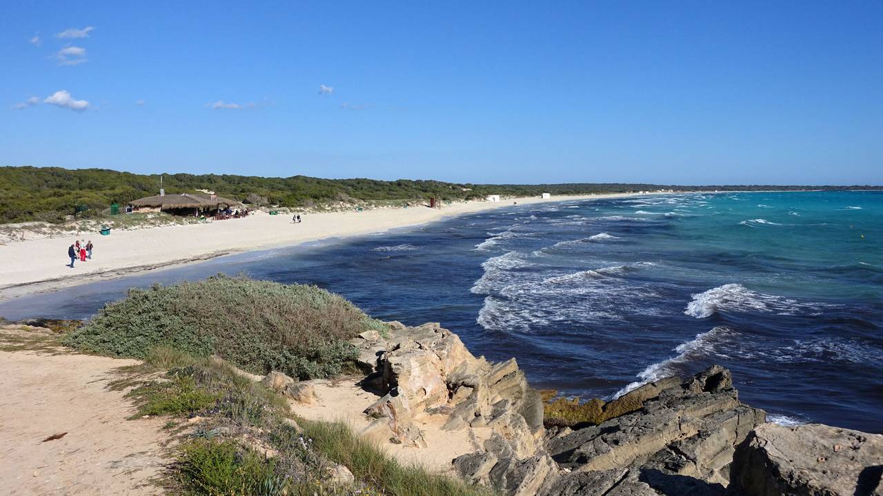 Der Strand von Es Trenc auf Mallorca mit weißem Sand und türkisfarbenem Wasser, hier im Mai 2016.