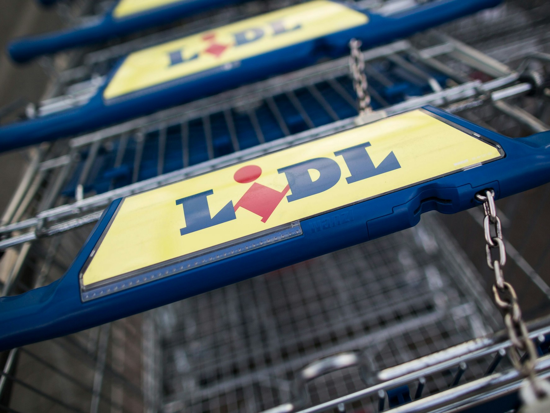 Einkaufswägen stehen hintereinander in einer Lidl-Filiale, hier im Juli 2016 in Herten.