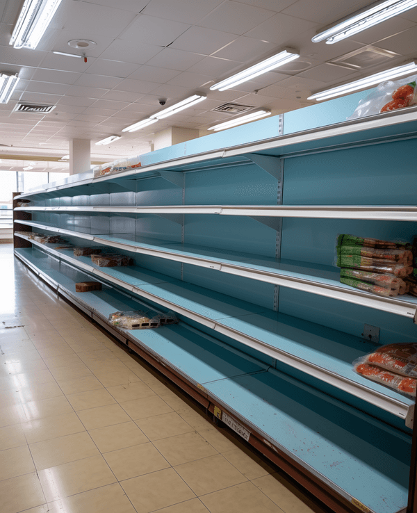 Das maschinell erstellte Bild von Midjourney zeigt ein leeres Supermarktregal.