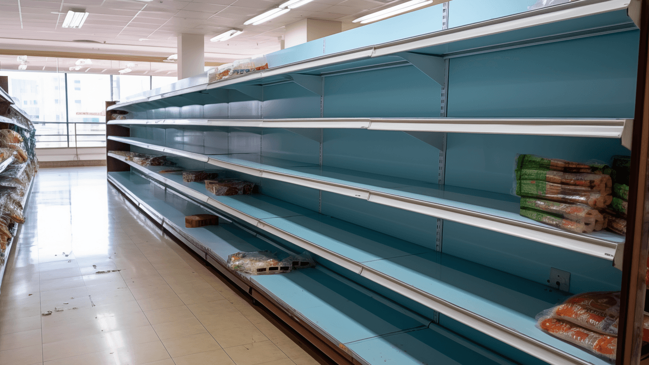 Das maschinell erstellte Bild von Midjourney zeigt ein leeres Supermarktregal.