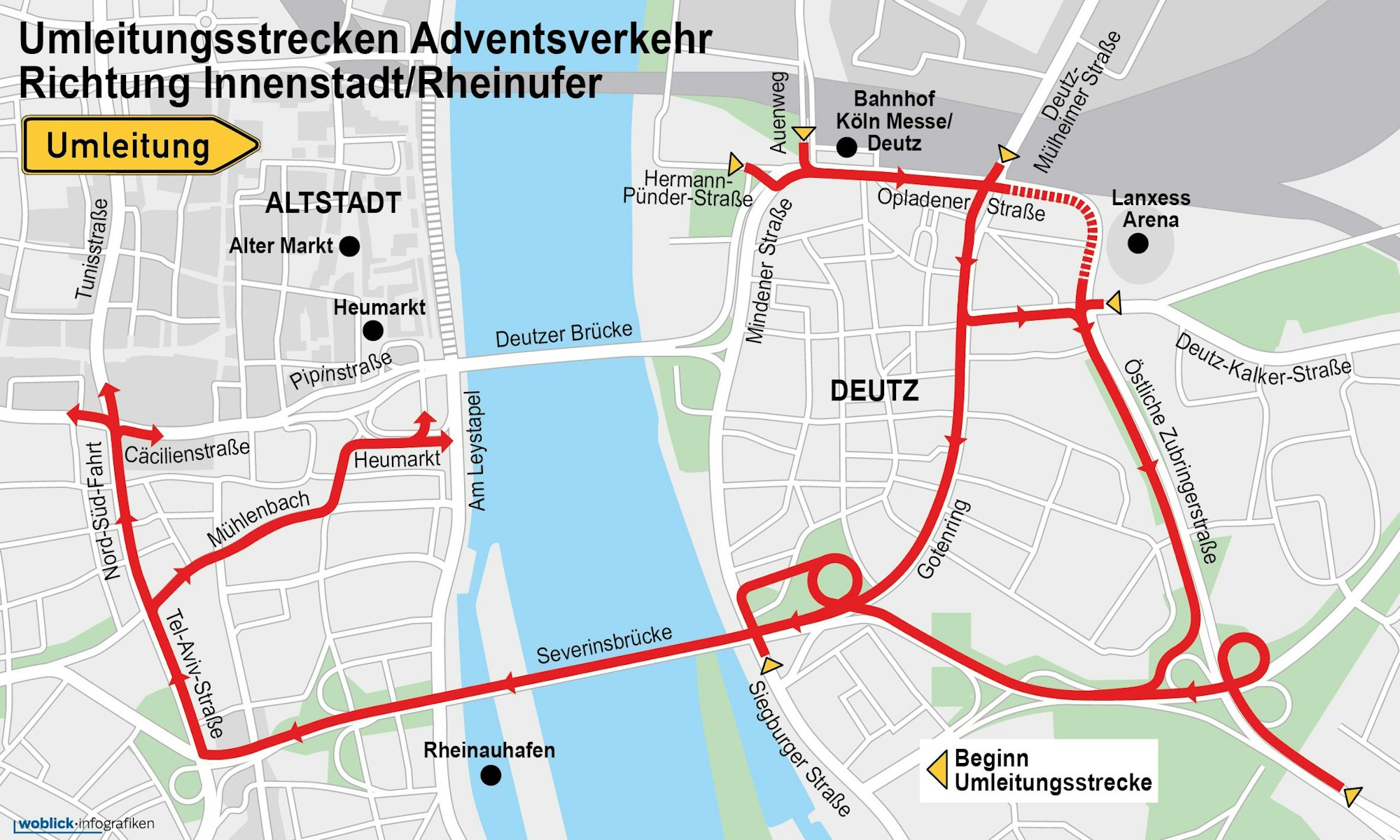 Die Grafik der Stadt Köln zeigt die Umleitungsstrecken während der Vorweihnachtszeit in Köln.
