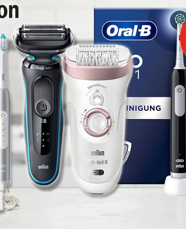 Oral-B elektrische Zahnbürsten, Braun Rasierer und Epilierer vor Badezimmer Hintergrund.