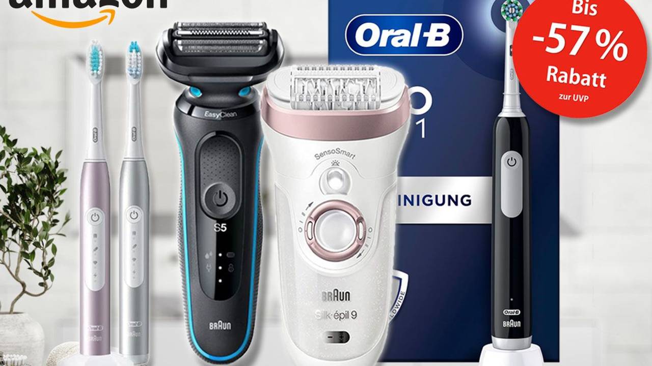 Oral-B elektrische Zahnbürsten, Braun Rasierer und Epilierer vor Badezimmer Hintergrund.