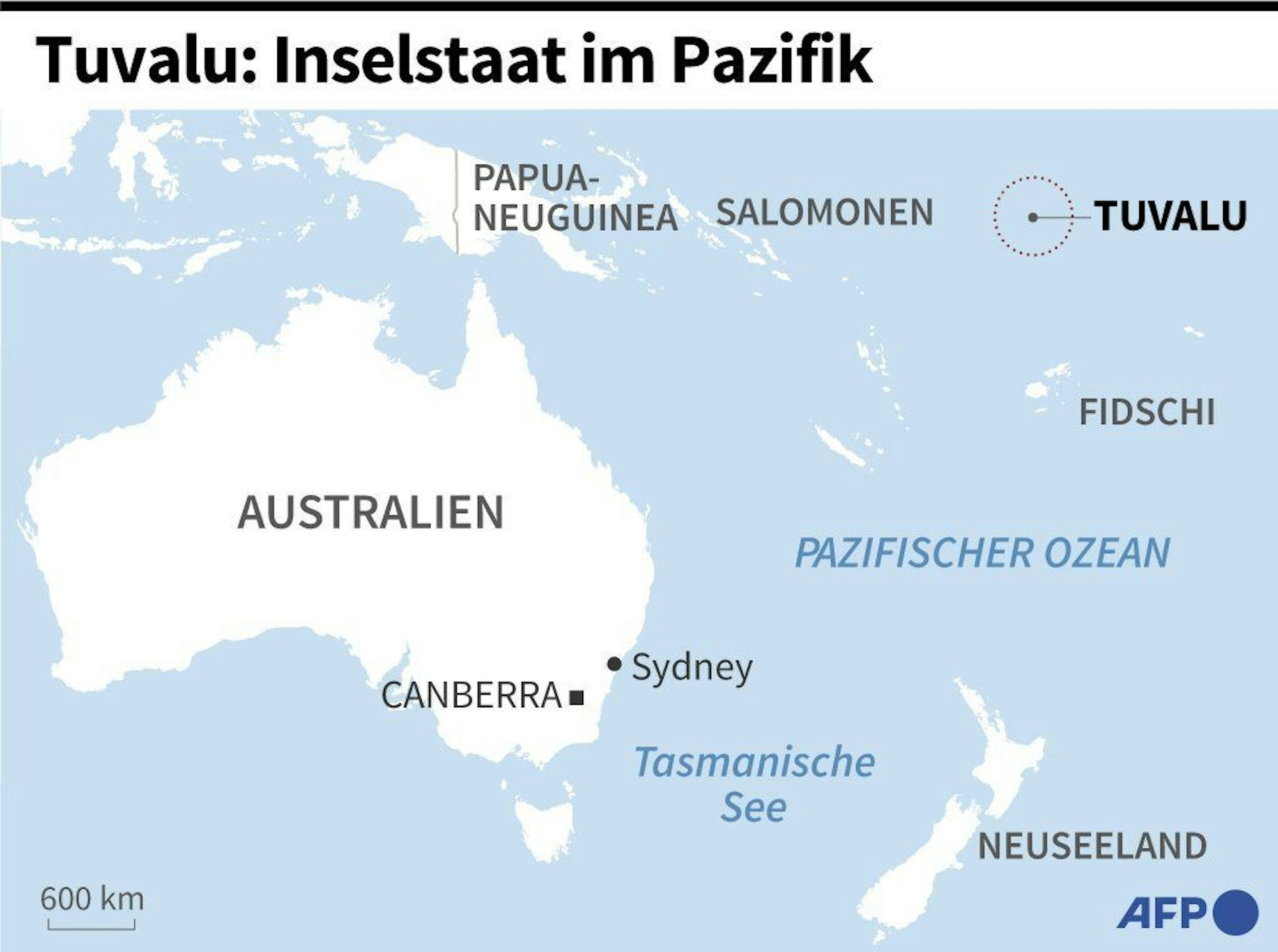 Die Karte zeigt, wo der Inselstaat Tuvalu liegt.