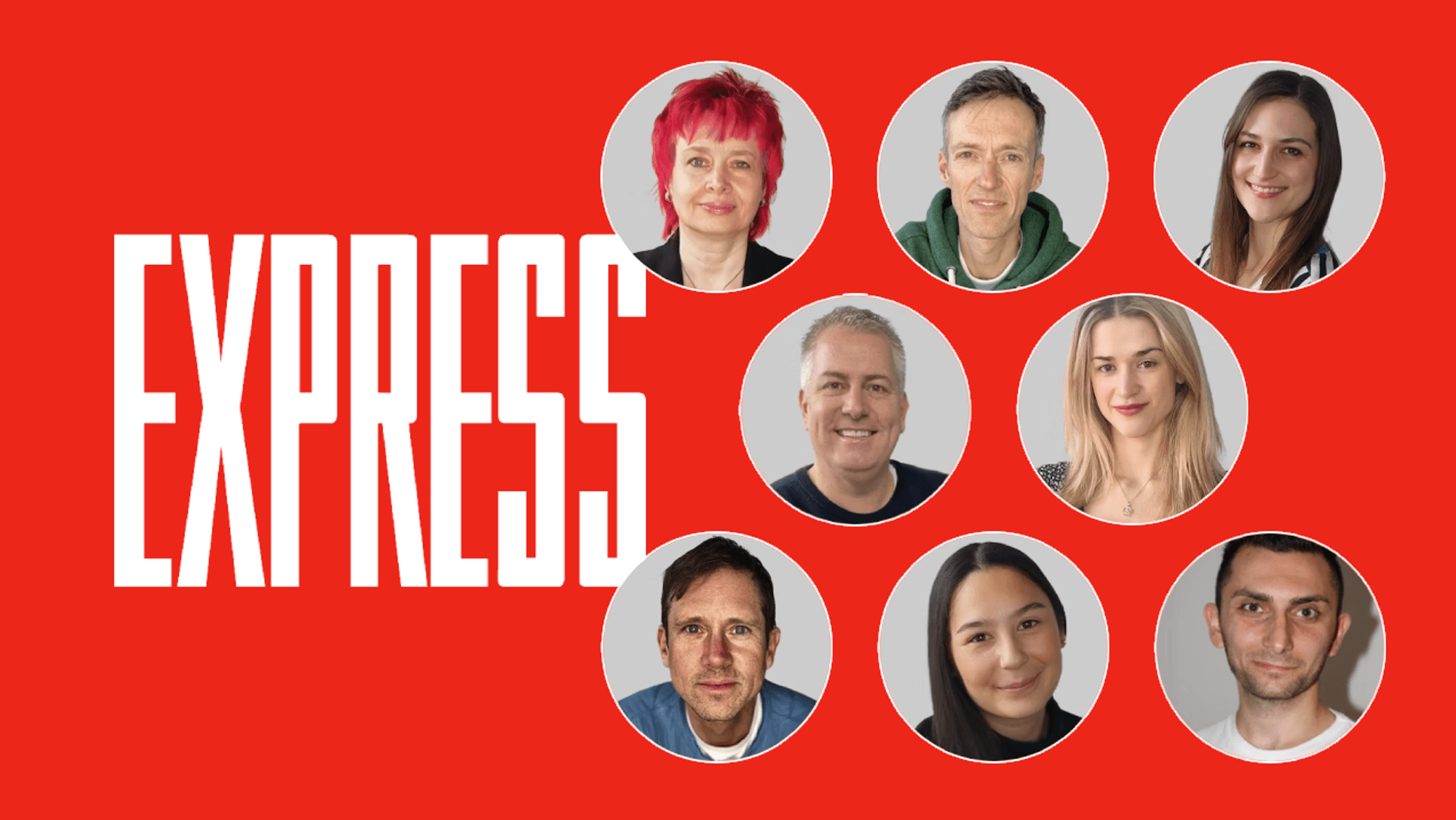 Das EXPRESS-Logo mit den Fotos von 8 Autorinnen und Autoren.