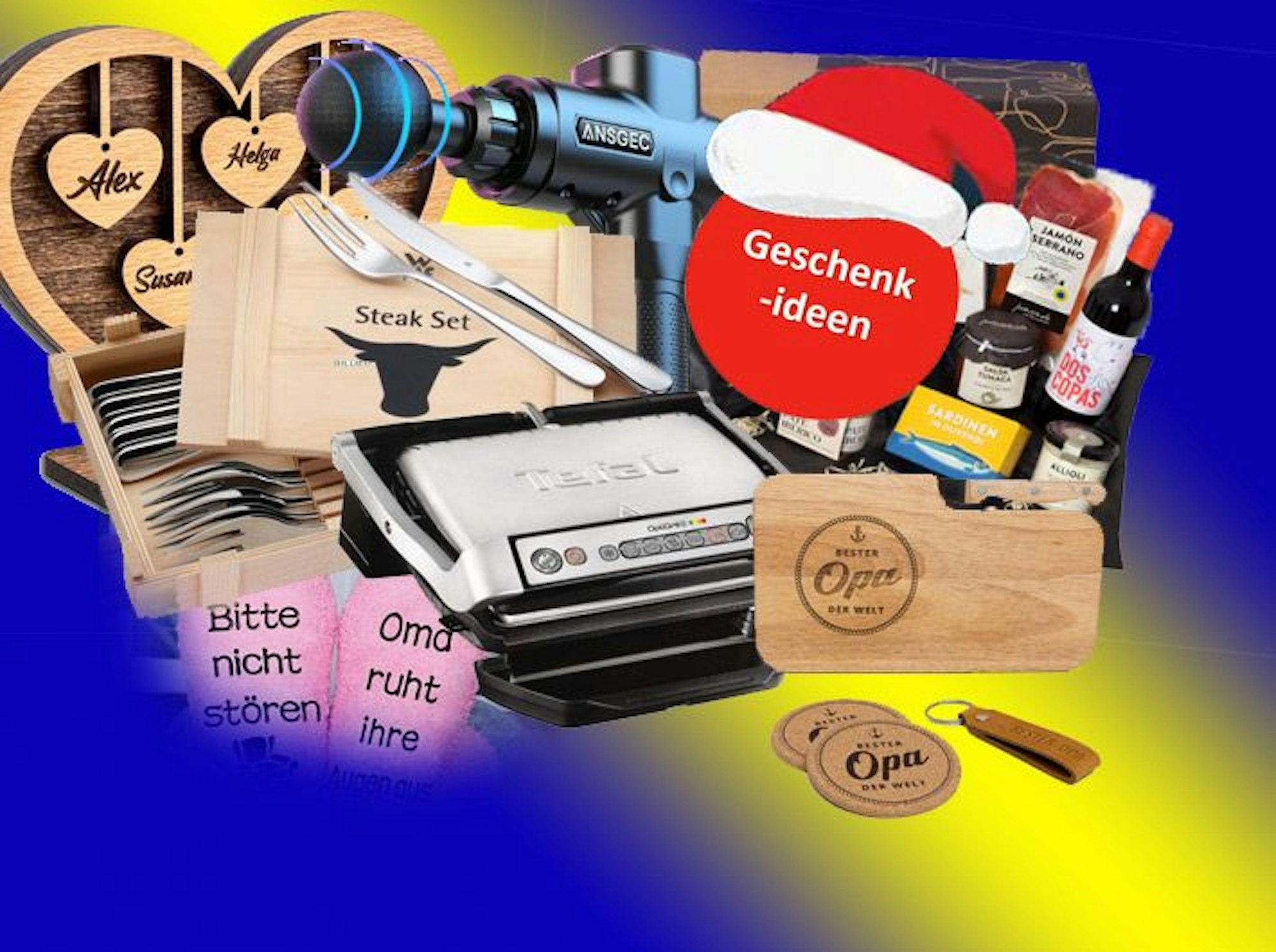 Mann packt Geschenke auf einem Holztisch aus und hat dabei eine Socke mit Schleife als Geschenk.