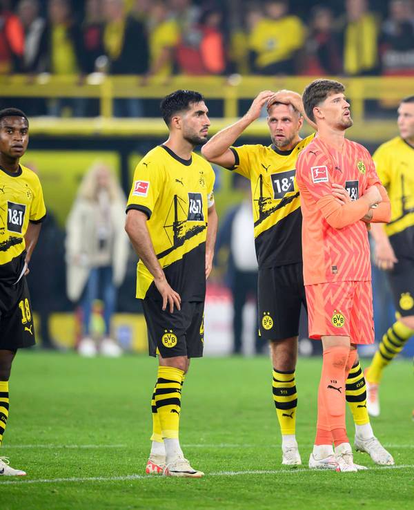 Karim David Adeyemi, Youssoufa Moukoko, Emre Can, Niklas Füllkrug, Gregor Kobel und Salih Özcan (v.l.) stehen auf dem Rasen.