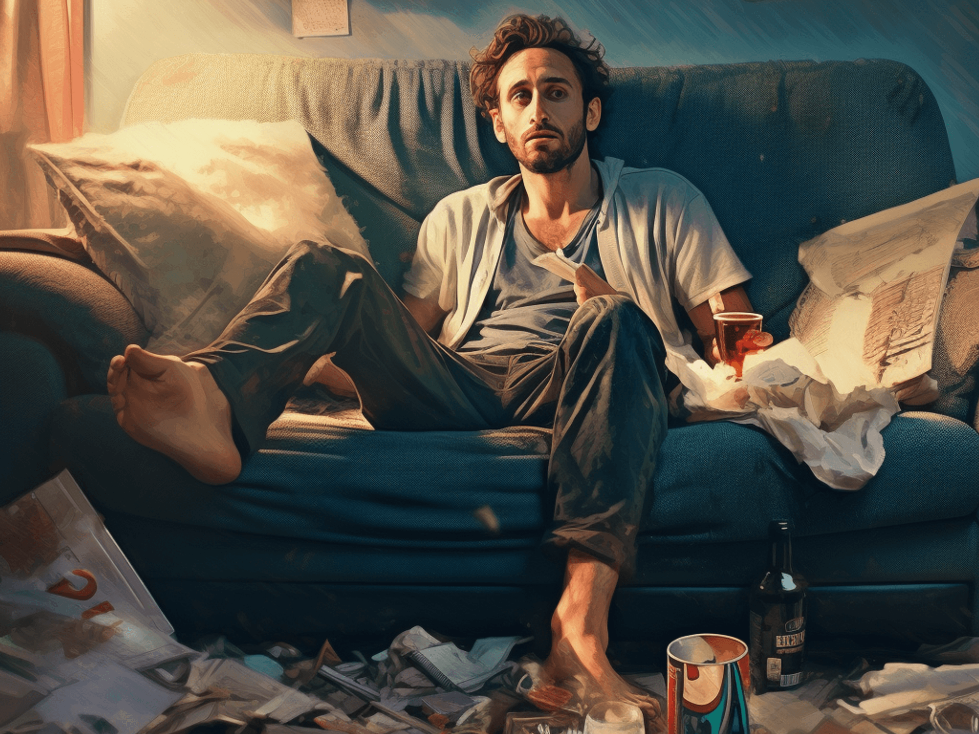 Das maschinell erstellte Bild zeigt einen Mann, der lustlos auf seiner Couch herumsitzt.