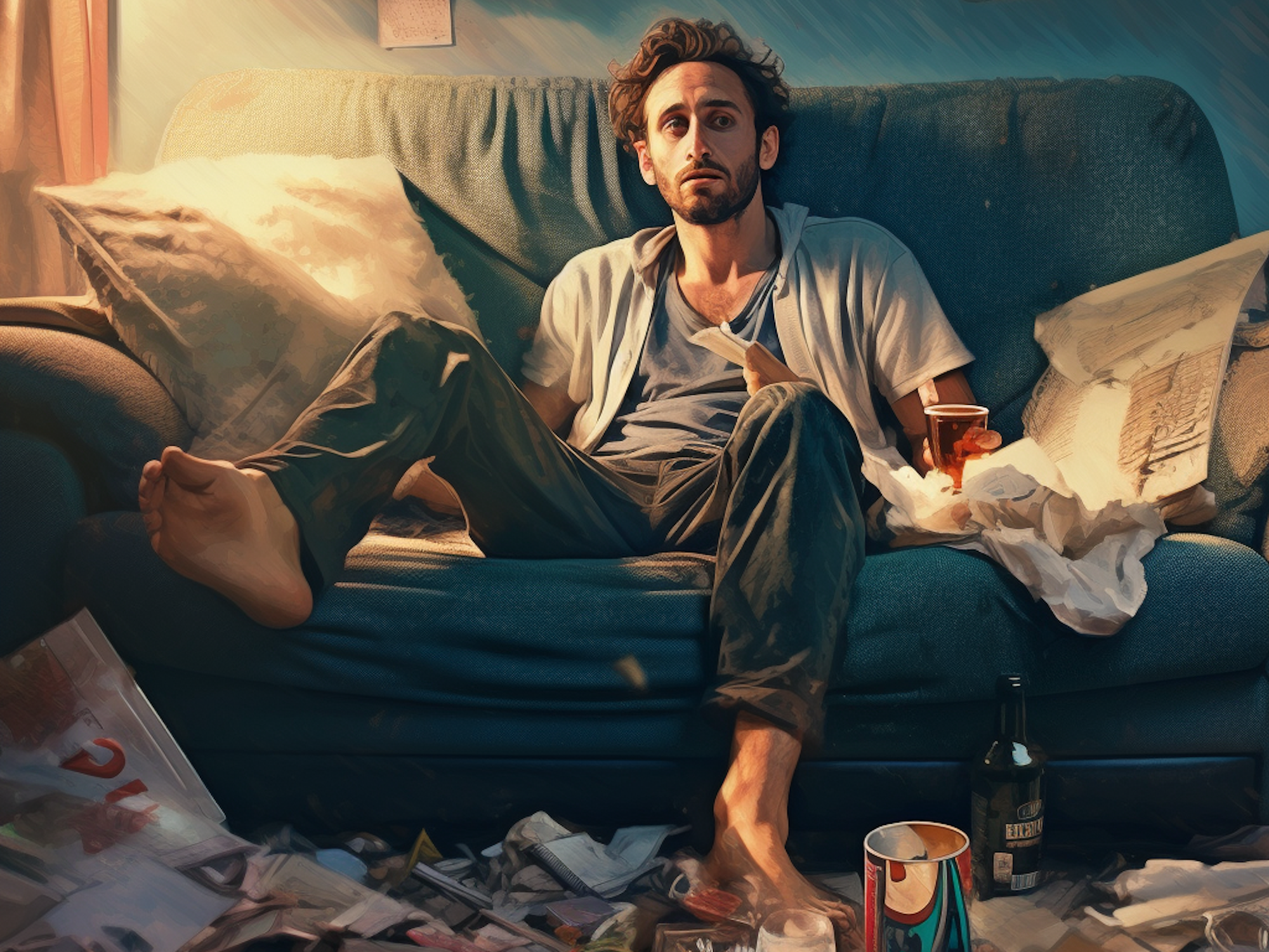 Das maschinell erstellte Bild zeigt einen Mann, der lustlos auf seiner Couch herumsitzt.