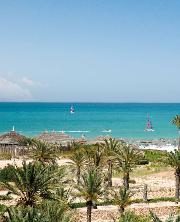 Das Foto zeigt einen Strand mit Palmen und türkisblauem Meer auf der Insel Djerba in Tunesien, aufgenommen im März 2016.