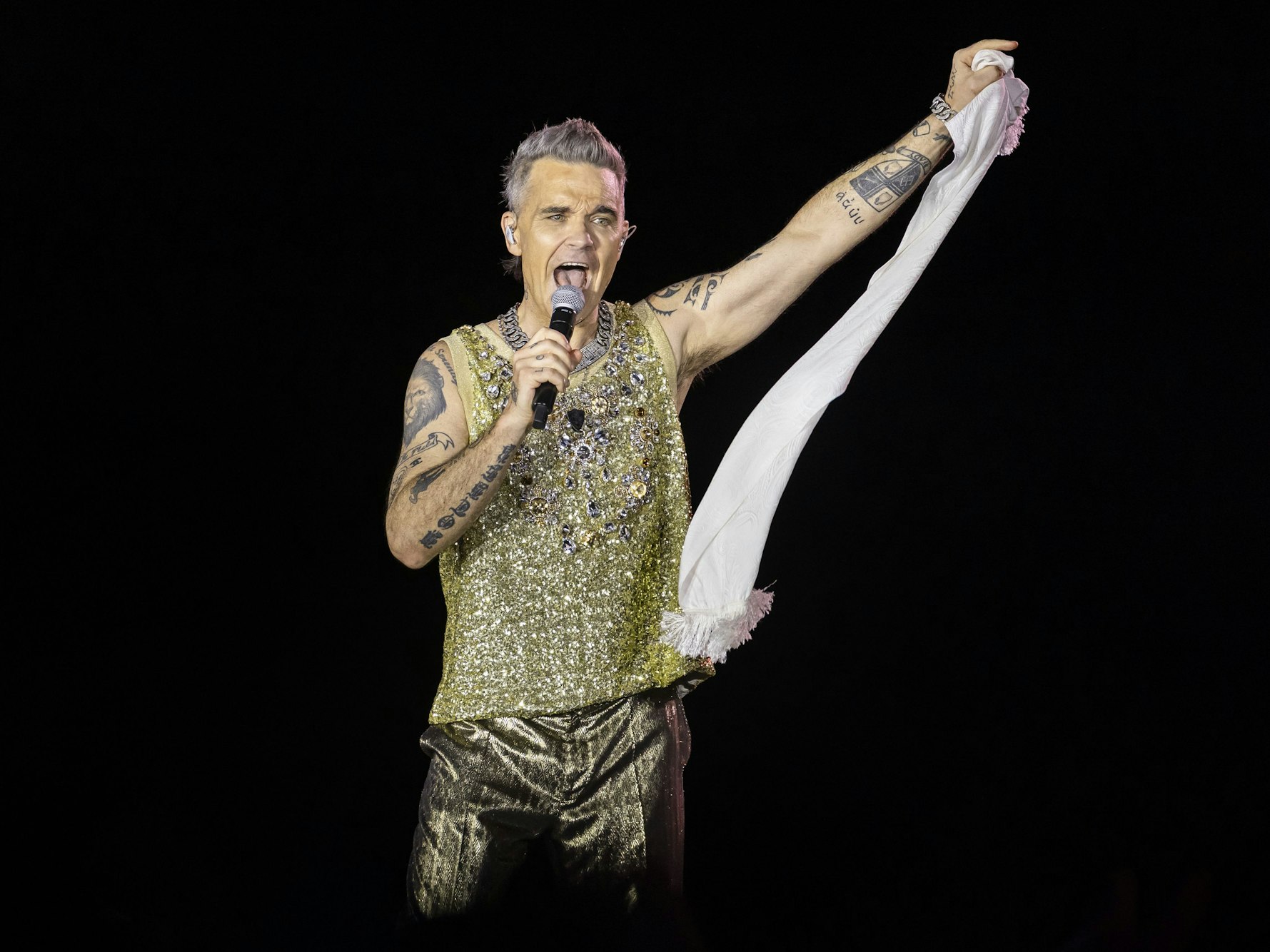 Der britische Sänger Robbie Williams tritt im Rahmen des Zürich Openair auf. Das Zürich Openair fand vom 22. bis 26. August 2023 statt.