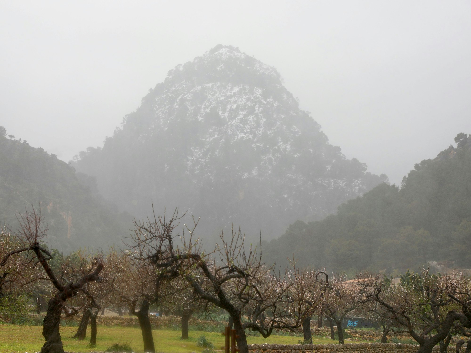 Schnee ist auf dem Gebirgszug Serra de Tramuntana im Nordwesten Mallorcas zu sehen.