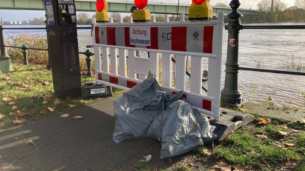 Müllbeutel am Rhein während eines Hochwassers.