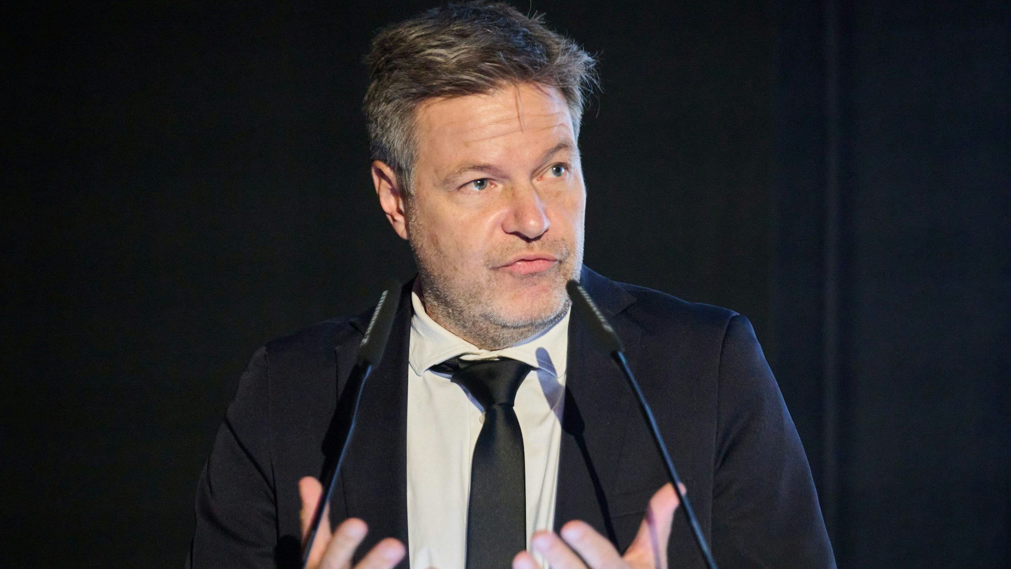 Robert Habeck spricht am 15. November in Berlin in ein Mikrofon.