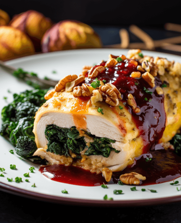Auf dem Bild ist eine gefüllte Weihnachtshähnchenbrust mit Cranberry-Orangen-Sauce zu sehen