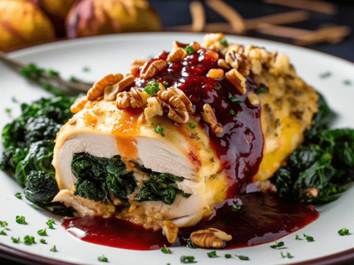 Auf dem Bild ist eine gefüllte Weihnachtshähnchenbrust mit Cranberry-Orangen-Sauce zu sehen
