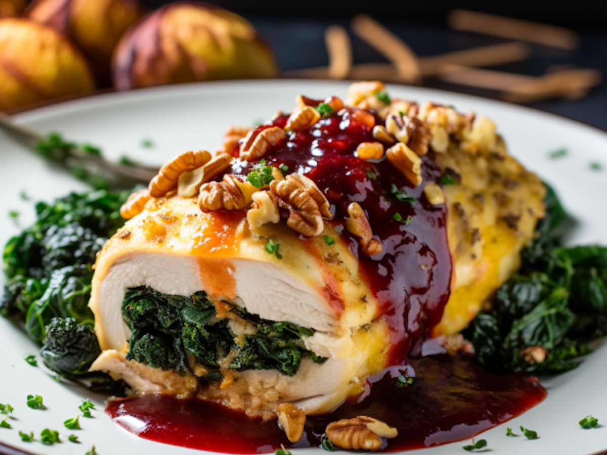 Auf dem Bild ist eine gefüllte Weihnachtshähnchenbrust mit Cranberry-Orangen-Sauce zu sehen