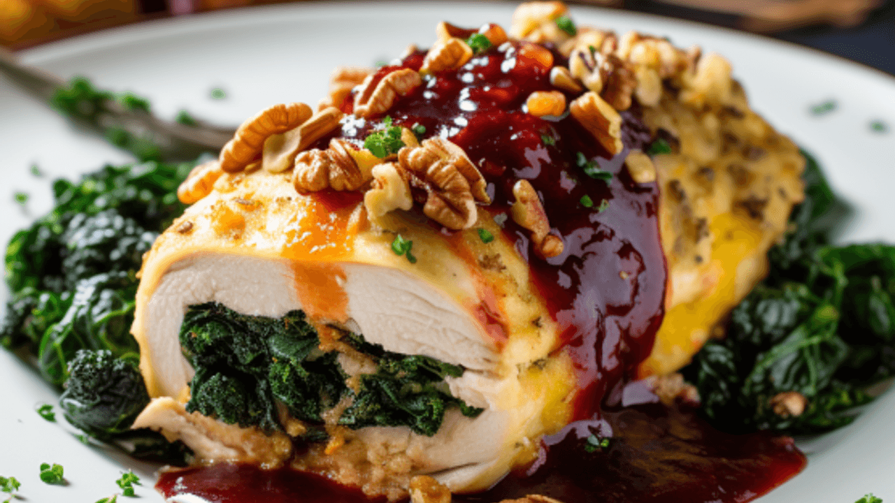Auf dem Bild ist eine gefüllte Weihnachtshähnchenbrust mit Cranberry-Orangen-Sauce zu sehen