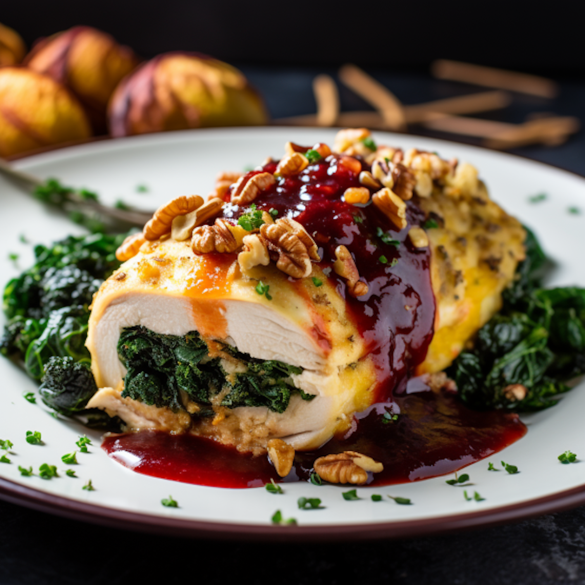 Auf dem Bild ist eine gefüllte Weihnachtshähnchenbrust mit Cranberry-Orangen-Sauce zu sehen