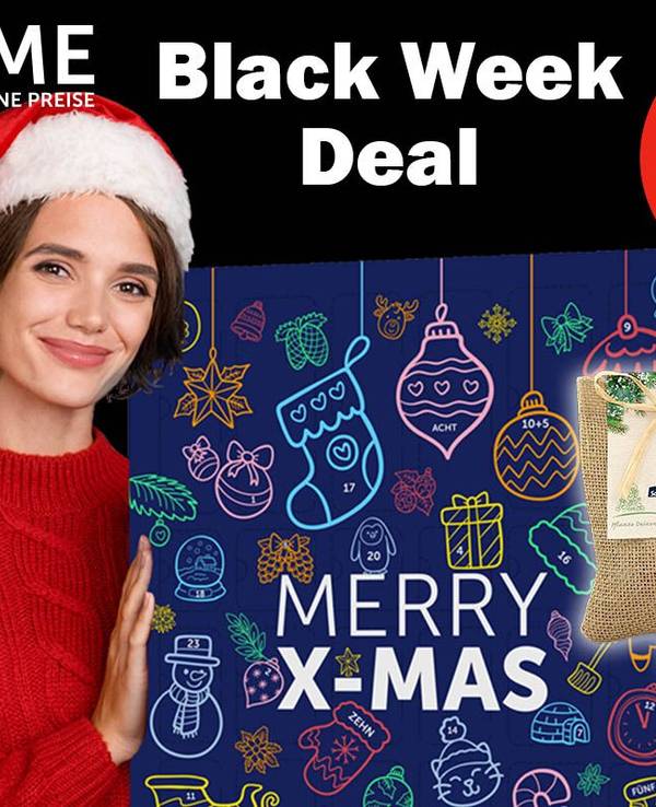 Utryme Adventskalender und Frau mit Weihnachtsmütze zur Black Week.