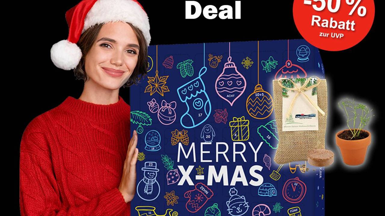 Utryme Adventskalender und Frau mit Weihnachtsmütze zur Black Week.
