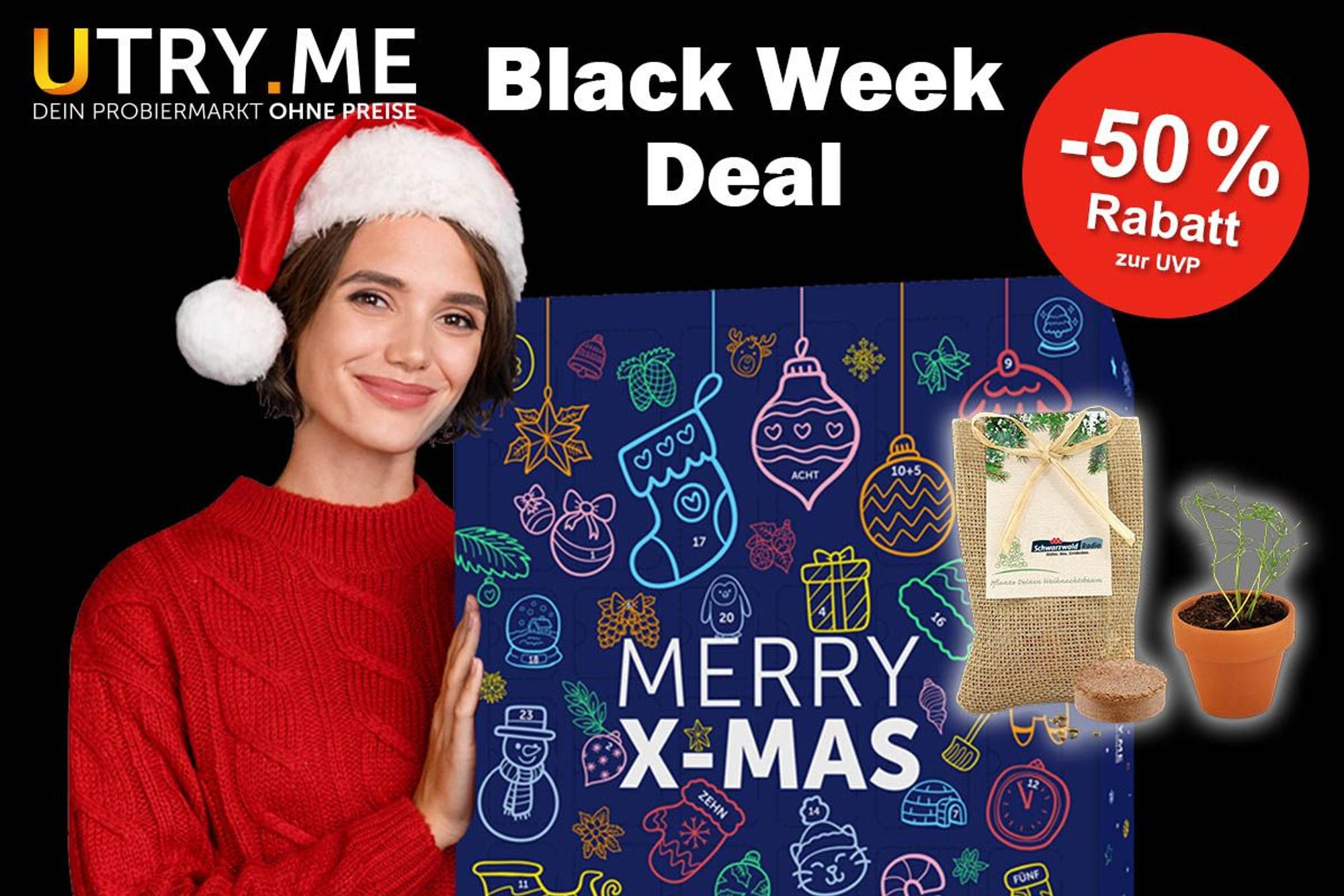 Utryme Adventskalender und Frau mit Weihnachtsmütze zur Black Week.