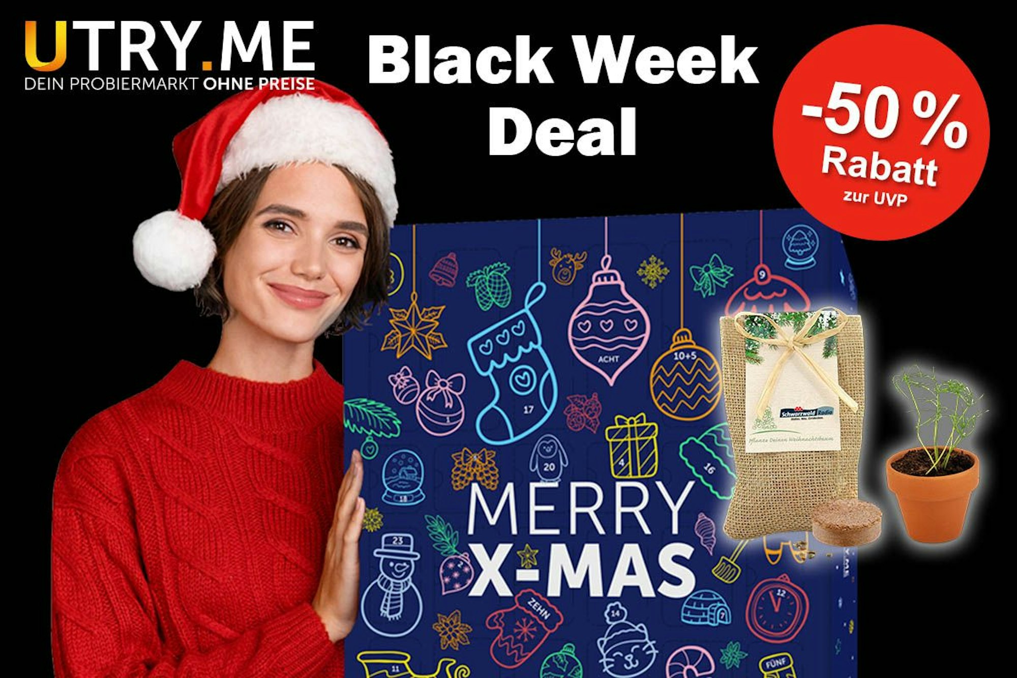Utryme Adventskalender und Frau mit Weihnachtsmütze zur Black Week.