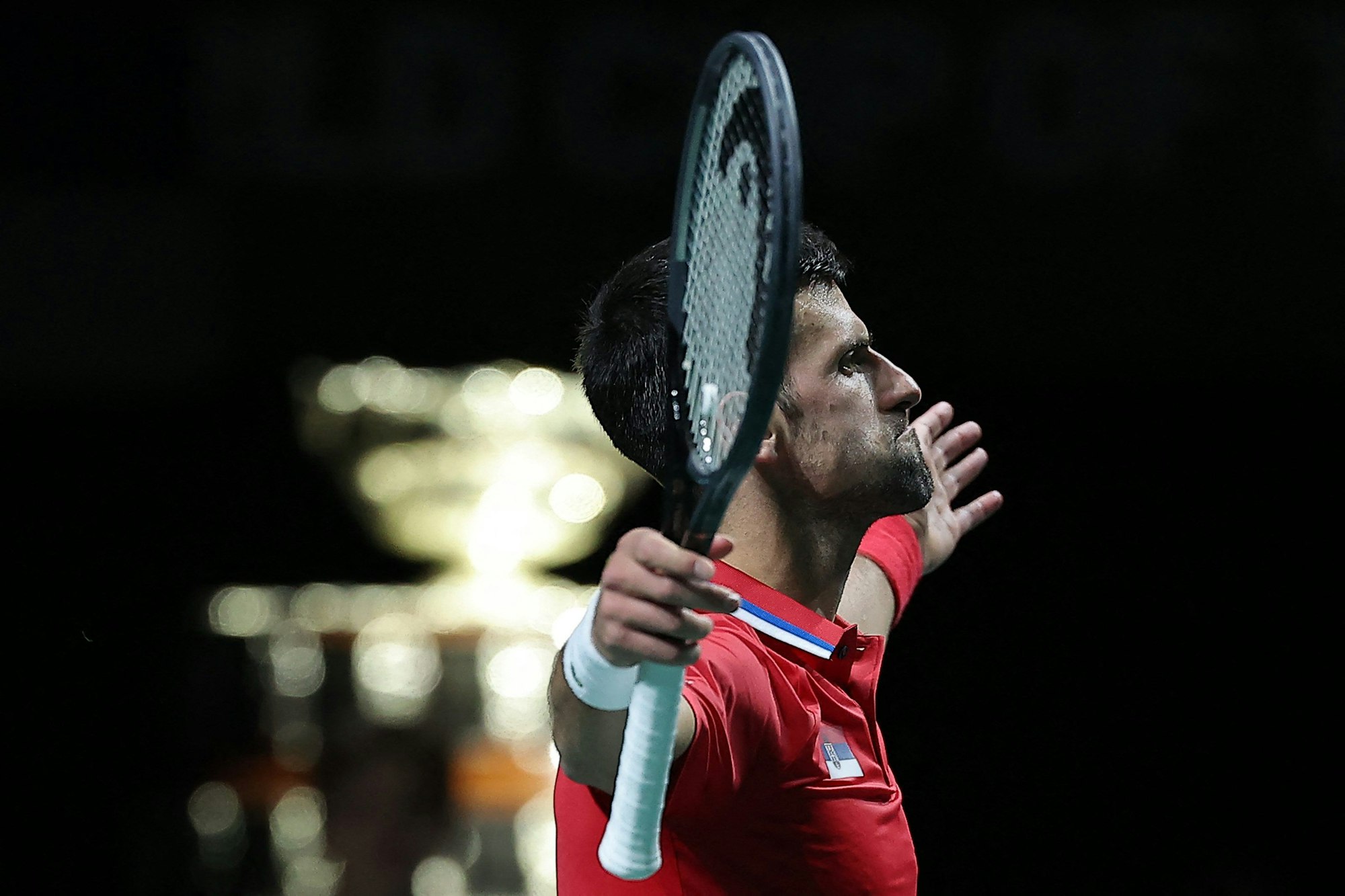 Novak Djokovic jubelt mit ausgestreckten Armen und mürrischem Blick.