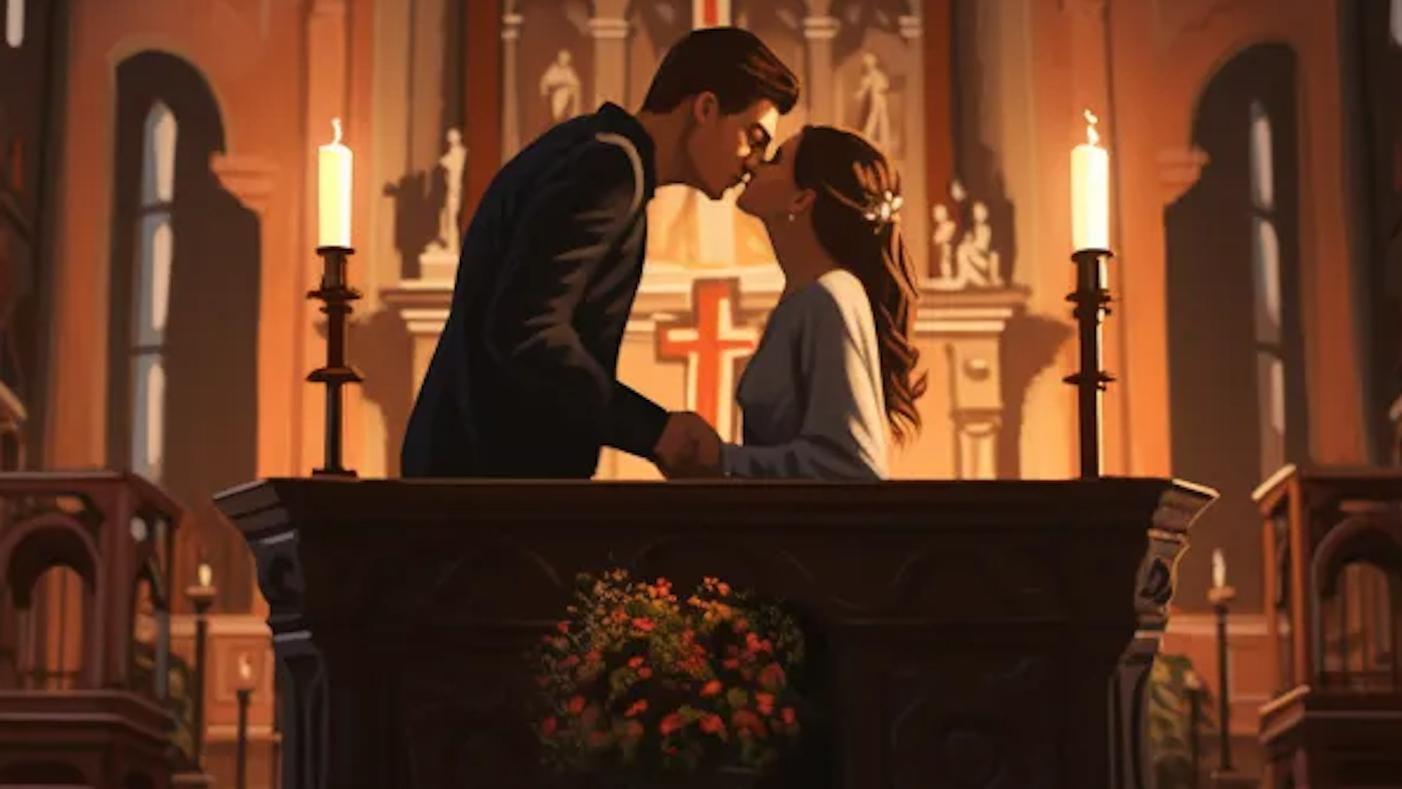 Ein Paar küsst sich in einer Kirche vor einem Altar