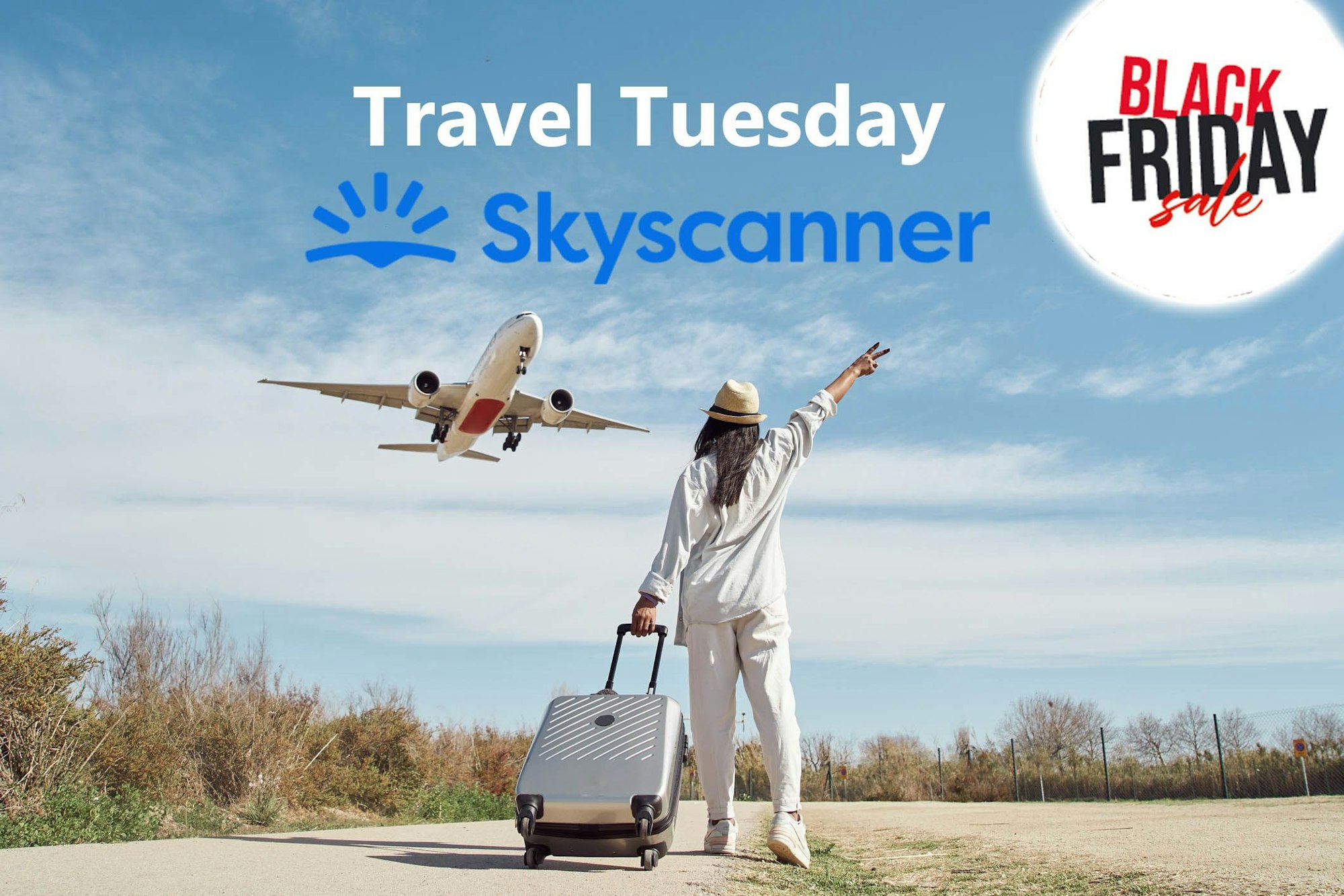 looking to a flying plane while dragging her luggage and raised a hand making the peace sign.