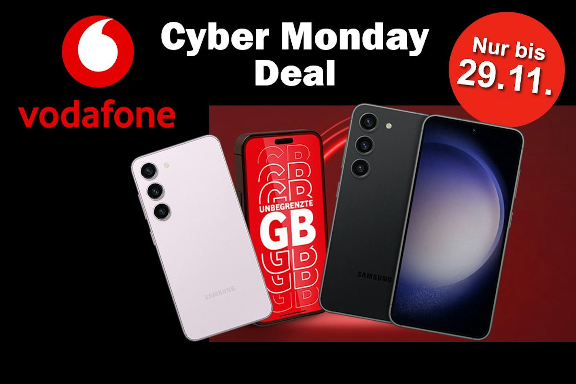Samsung Galaxy S23 Smartphone in Schwarz und Lavendel mit Vodafone Logo beim Cyber Monday Angebot.