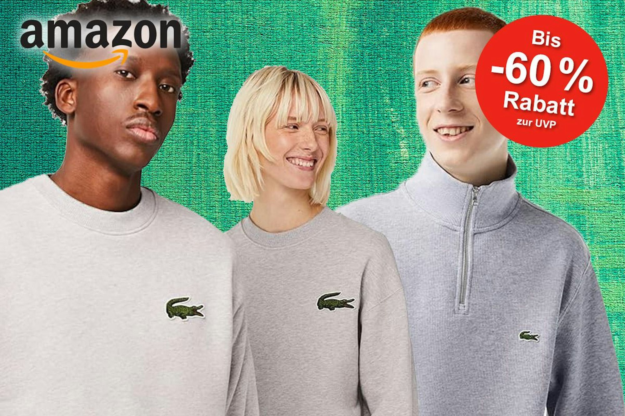 Auf dem Bild sind verschiedene Personen mit Lacoste Oberteilen zu sehen.