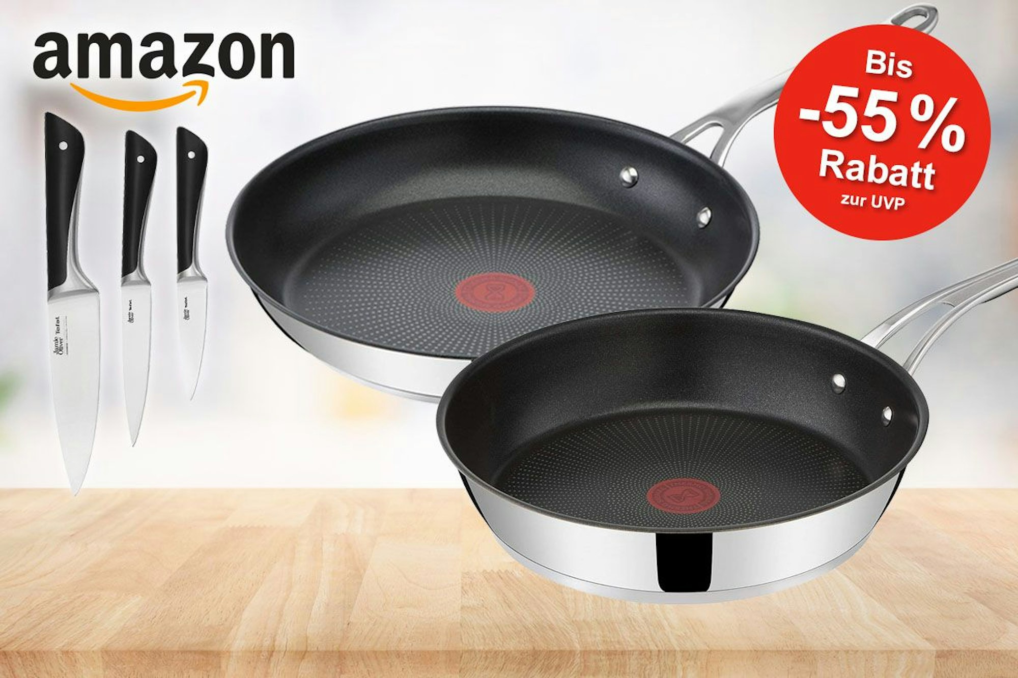 Tefal Jamie Oliver Cook's Direct On Bratpfanne mit 28 cm Durchmesser und weitere Tefal Modelle vor einem Bild einer Küche im Hintergrund.