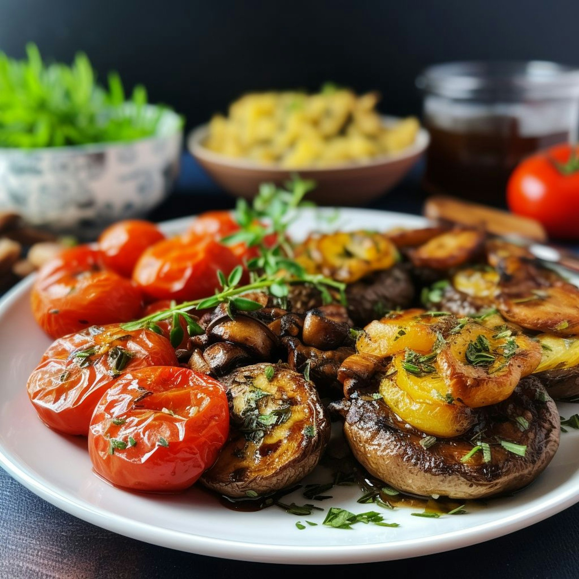 Festliches Veganes Menü: Knoblauch-Rosmarin-Kartoffelgratin, Gebratene Pilze mit Balsamico-Glasur und Marinierte Tomaten-Salatvariation