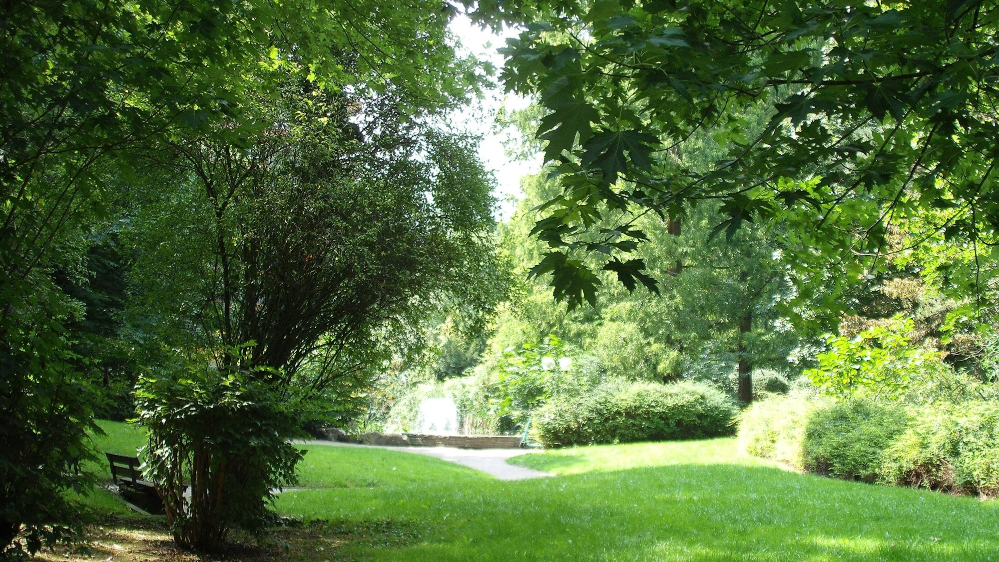 Ein grüner Park. Im Hintergrund ist ein kleiner Brunnen zu erkennen.