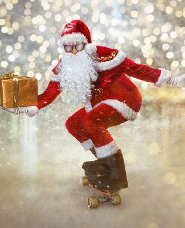 christmas resolution discounts. Funny funky gray hair Santa Claus in red hat on the logboard delivering a present