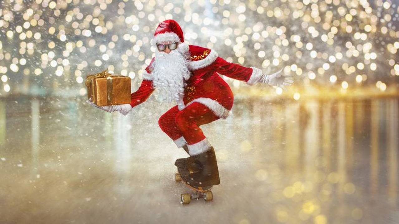 christmas resolution discounts. Funny funky gray hair Santa Claus in red hat on the logboard delivering a present