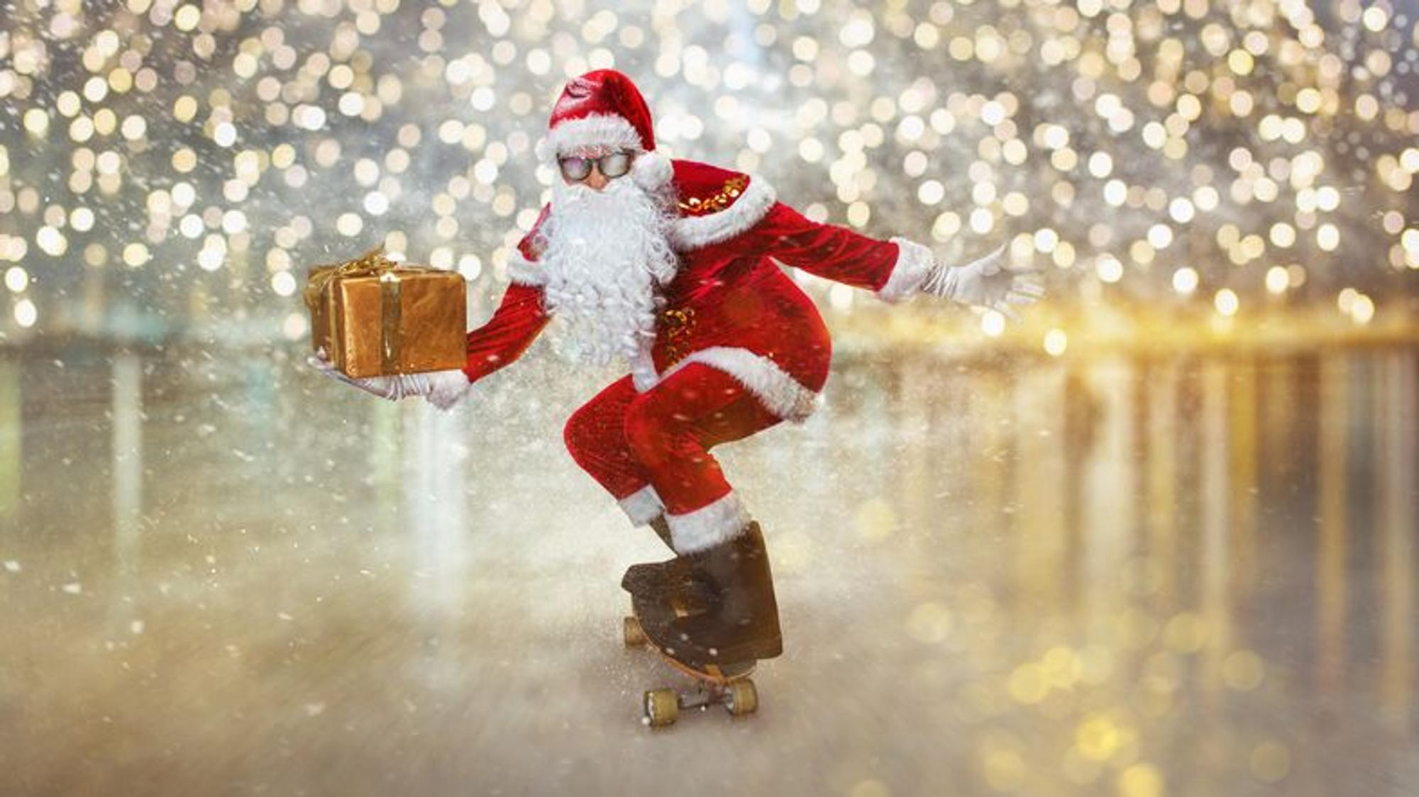 christmas resolution discounts. Funny funky gray hair Santa Claus in red hat on the logboard delivering a present