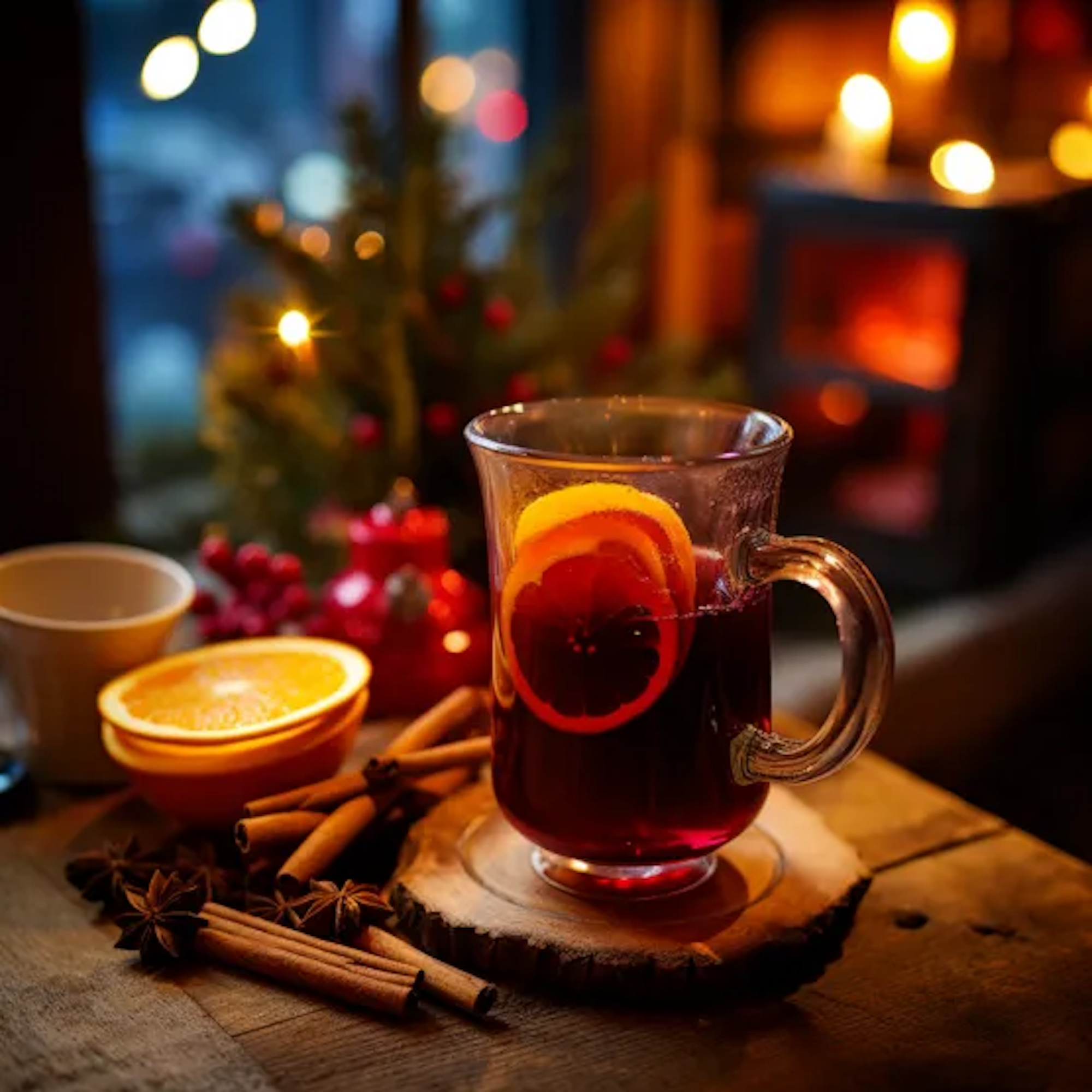 Auf dem Bild ist ein hausgemachter Glühwein in einer weihnachtlichen Umgebung zu sehen.