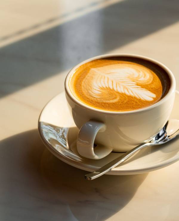 Auf dem Foto sieht man eine Tasse Kaffee auf einem Tisch stehen.