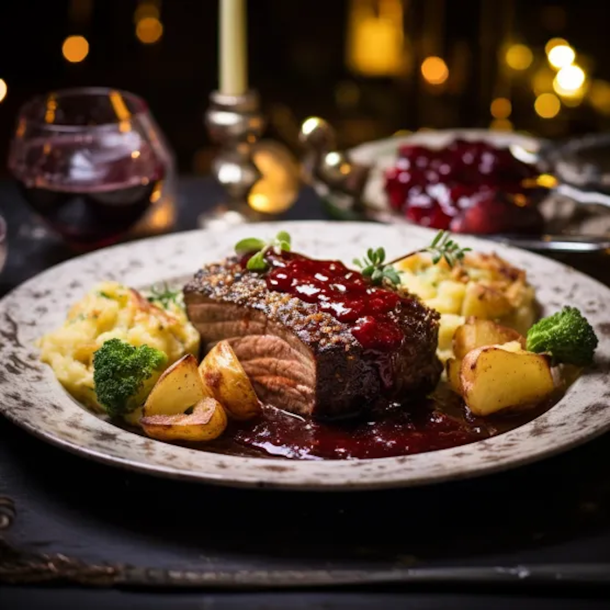 Auf dem Bild ist Rinderfilet in Rotweinsoße mit Kartoffelgratin zu sehen.