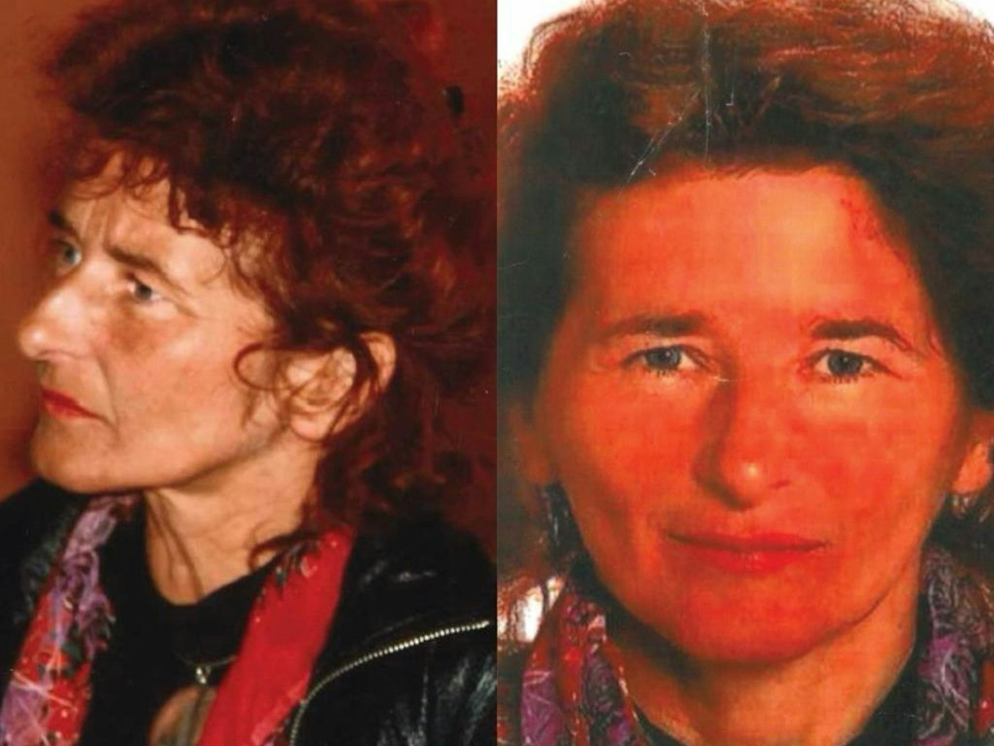 Zwei Bilder einer Frau, die auf einem Foto in die Kamera schaut. Es handelt sich um die Vermisste Jutta Schulz.