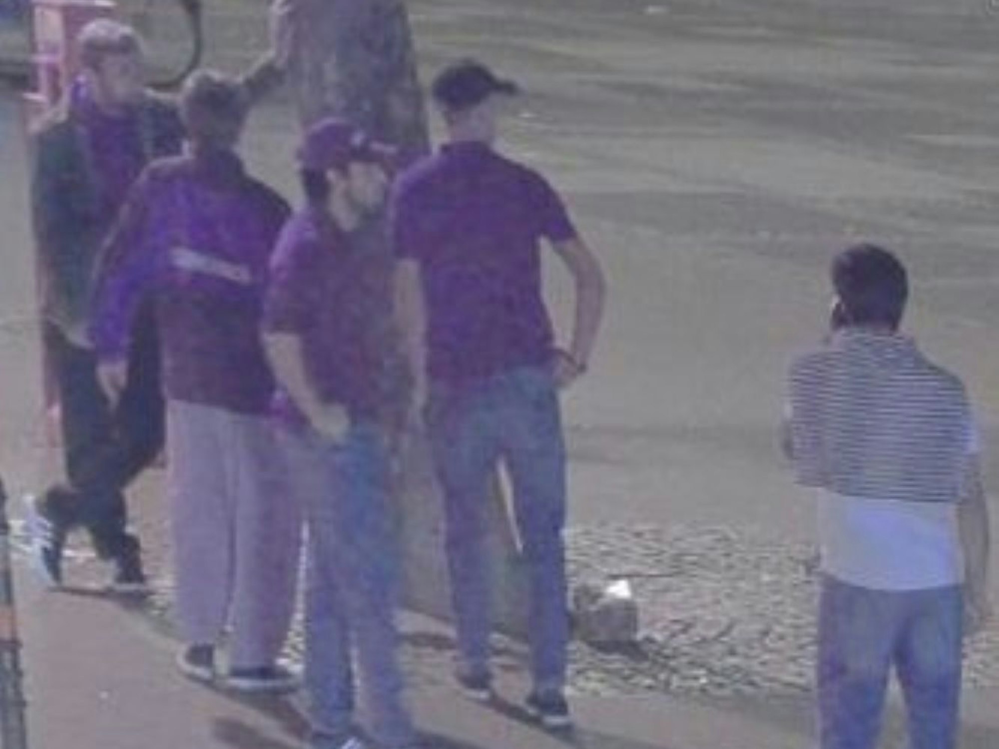 Fünf junge Männer stehen an einem Baum.